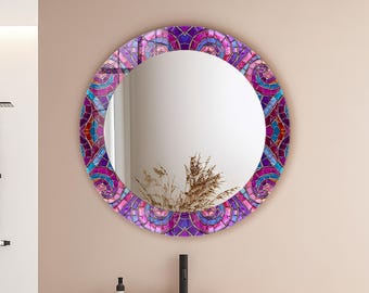 Purple Mosaic Artwork Printed Tempered Glass Round Wall Mirror: Decorative Bathroom Vanity Mirror