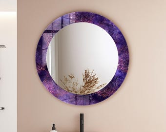 Purple Abstract Tempered Glass Round Wall Mirror for Bathroom: Modern Vanity Decor
