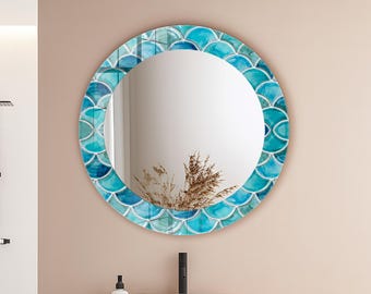Blue Coastal Tempered Glass Round Wall Mirror: Decorative Bathroom Vanity Mirror