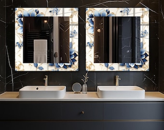 Blue Floral Wall Mirror for Bathroom Vanity: Tempered Glass Wall Decor, Multiple Shape & Size Options