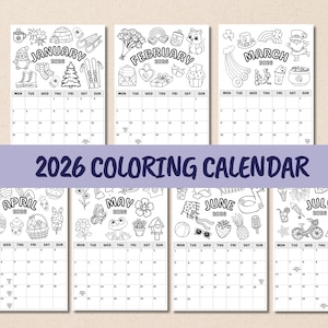 Pode incluir: Um calendário de colorir de 2026 com páginas mensais com ilustrações caprichosas para cada mês. Cada página do mês tem um tema único com contornos de objetos e ícones para colorir. O calendário inclui os dias da semana.