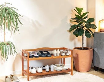 2-Tier Shoe Storage Rack Solid Wood (Acacia) with Side Hooks for Hallway