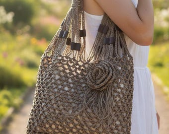 Handmade, Knitted, Crocheted, Paper Yarn, Mesh, Shoulder Bag, Gift for Women, Everyday Bag, Beach Bag, Summer Mesh Bag
