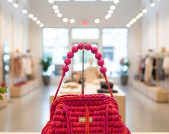 Pink, orange colored, handmade, crocheted, shoulder and handbag, metal buckle bag, gift bag