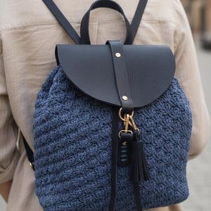 Handmade Navy Blue Cotton Macrame Backpack, Faux Leather Trim, Everyday Travel Bag