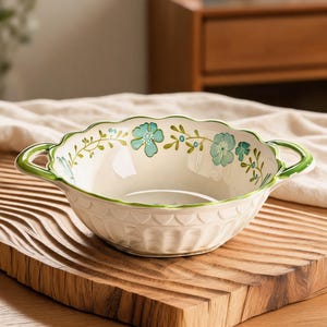 Scalloped Floral Ceramic Bowl with Handles, Vintage Green Rim Soup Dish, Cottagecore Embossed Pottery, Farmhouse Serving Bowl, Unique Gift