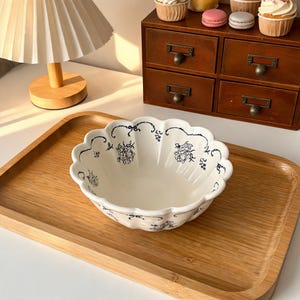 Scalloped Floral Ceramic Bowl with Handles, Vintage Green Rim Soup Dish, Cottagecore Embossed Pottery, Farmhouse Serving Bowl, Unique Gift