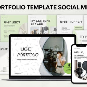 Könnte beinhalten: Ein digitales UGC-Portfolio-Vorlagen-Social-Media-Kit, das auf einem Laptop- und Smartphone-Bildschirm angezeigt wird. Das Design besticht durch ein hellgrünes und weißes Farbschema mit Abschnitten wie About Me, Why UGC, My Content Styles und My Process.
