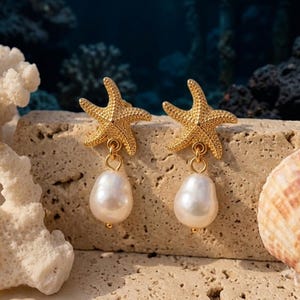 Gouden oorbellen in de vorm van een zeester met parel, zomerse sieraden voor vrouwen, ideaal huwelijksgeschenk, in oceaan-, strand- en vakantiestijl!