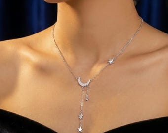 Collier Y Lune et Étoiles Argent, Bijou Céleste Zirconium, Pendentif Cascade, Cadeau Mère,Femme Élégant Joli, Style Bohème Chic Soirée.