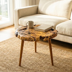 Live Edge Side Table & Plant Stand - Luxury Round Olive Wood Stool - Rustic Bedside Nightstand - Unique Boho End Table for Bedroom or Nook