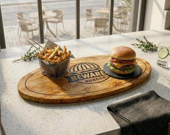 Tabla de madera de olivo ovalada para hamburguesas / Regalo personalizado para la inauguración de un restaurante / Bandeja de madera antigua personalizada