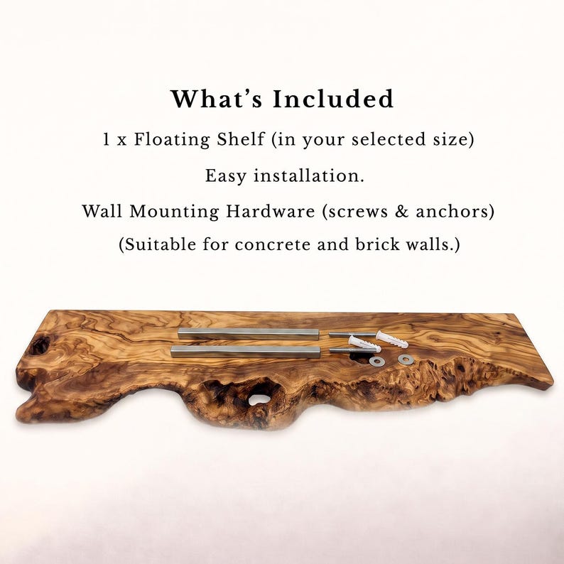 May include: A live edge wooden floating shelf with a natural brown grain pattern, accompanied by two metal mounting bars, two screws, two wall anchors, and two washers. Text reads: What's Included, 1 x Floating Shelf, Easy installation.