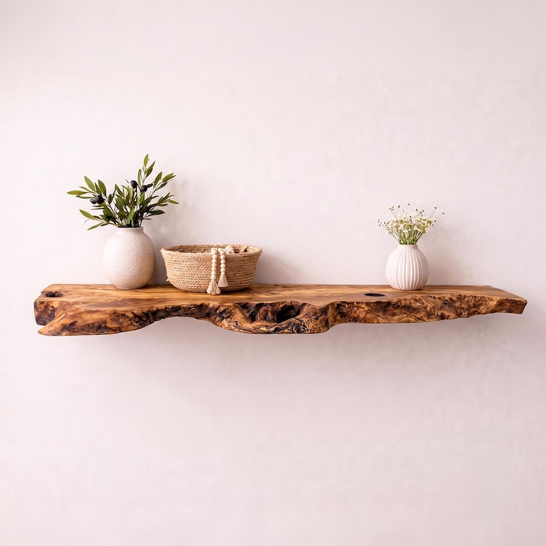 May include: A live edge wooden floating shelf with a natural grain pattern. On the shelf sits a white textured vase with green olive branches, a woven jute basket containing wooden beads, and a small white ribbed vase with white flowers.