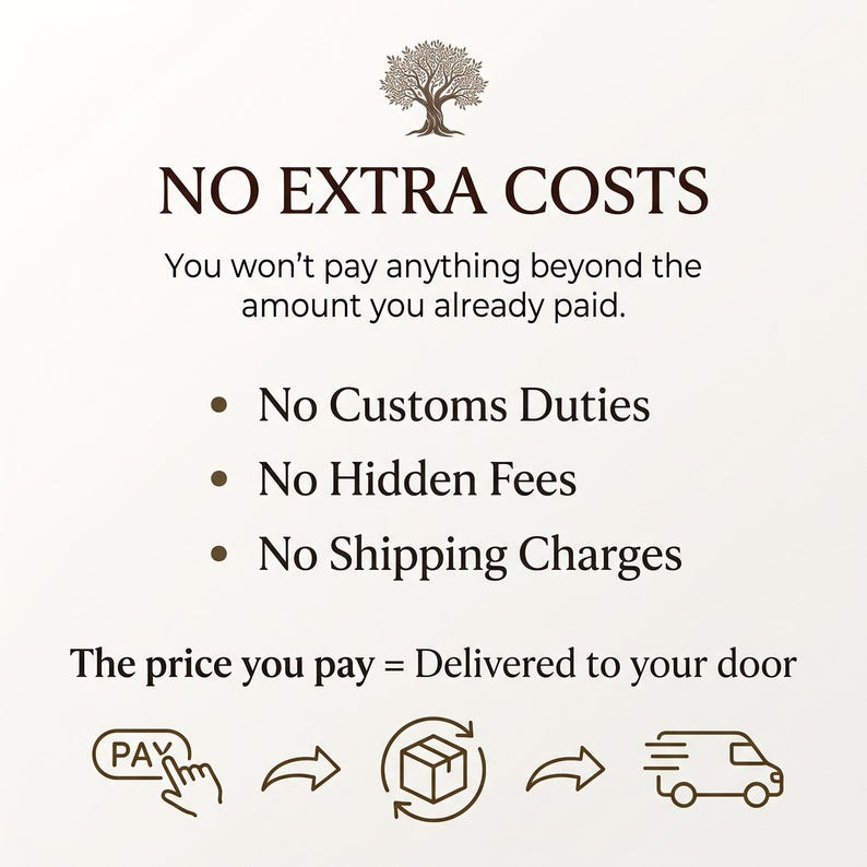 May include: A graphic featuring a brown tree icon above the text NO EXTRA COSTS. It states you won't pay anything beyond the amount you already paid, listing no customs duties, hidden fees, or shipping charges, ending with the price you pay equals delivered to your door.