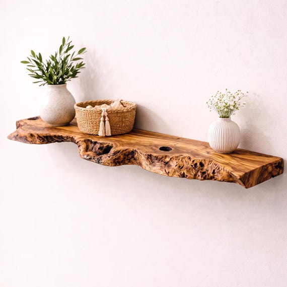 Live Edge Floating Shelf | Solid Olive Wood Wall Ledge | Rustic Wall Decor | Custom Wood Shelving | Heavy Duty Bracket Shelf