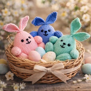 May include: A woven basket holds three knitted Easter bunnies in pink, blue, and teal. The bunnies have black embroidered faces and are surrounded by pastel-colored Easter eggs. A beige ribbon is tied around the basket.
