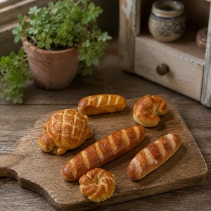 May include: A collection of six miniature baked bread items arranged on a wooden cutting board. The assortment includes a round scored roll, a long baguette, a crescent-shaped roll, a small twisted pastry, and two additional oblong bread rolls.