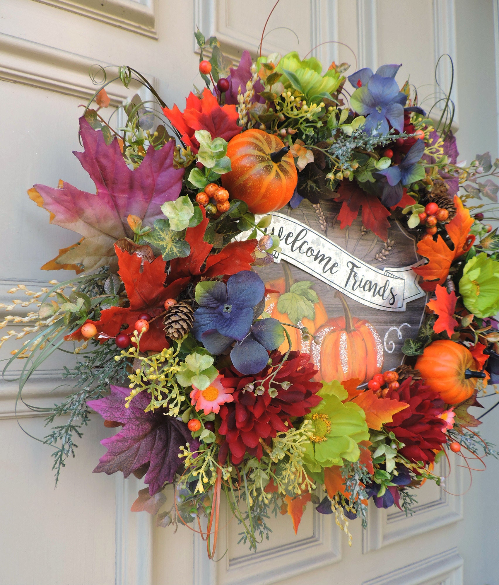 Welcome Friends Fall Door Wreath Floral Autumn Thanksgiving - Etsy
