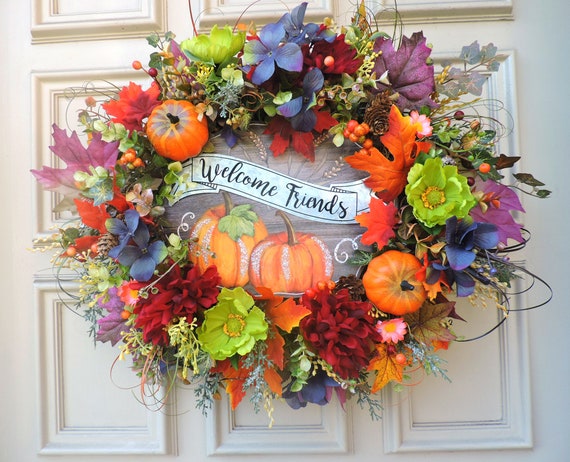 Welcome Friends Fall Door Wreath Floral Autumn Thanksgiving - Etsy