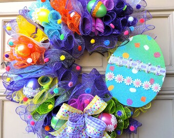 Easter Egg Wreath for Front Door - Polka Dot Door Decor - Spring Mesh Door Hanger - Holiday Egg Decoration - Colorful Mesh Cottage Wreath