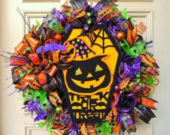 Halloween Pumpkin Wreath, Halloween Mesh Door Wreath, Halloween Wreath, Deco Mesh Halloween Wreath, Halloween Decoration, Front Door Wreath