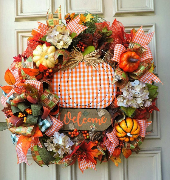Fall Wreath for Front Door With Pumpkins and Hydrangeas | Etsy