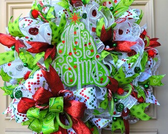 Christmas Decorations for the Home, Christmas Wreath, Holiday Deco mesh Wreath Decor, Red, White and Green Merry Christmas Wreath,