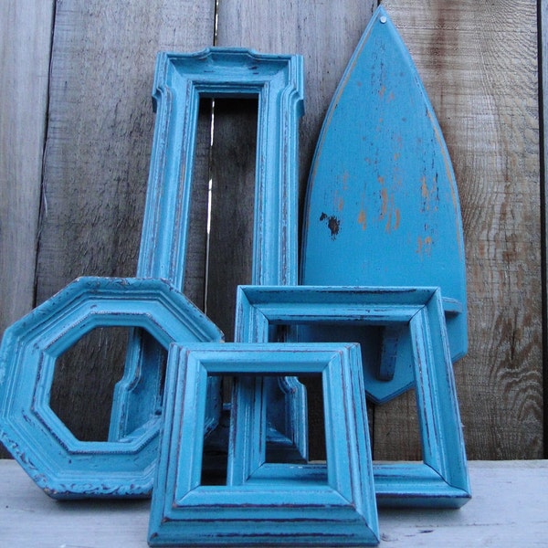 Frame mirror set collection gallery wall distressed teal turquoise "Weathered III"