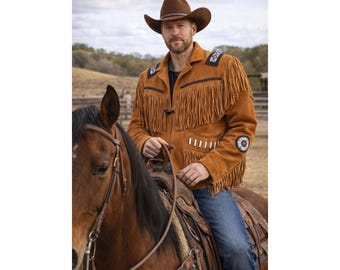 Men’s Western Brown Suede Fringe Leather Jacket with White Beads - Handmade