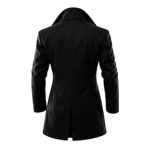 May include: A black wool coat with a classic design. The coat features a notched collar, long sleeves, and a single-breasted closure. The back of the coat has a vent at the bottom. The coat is a solid black colour.