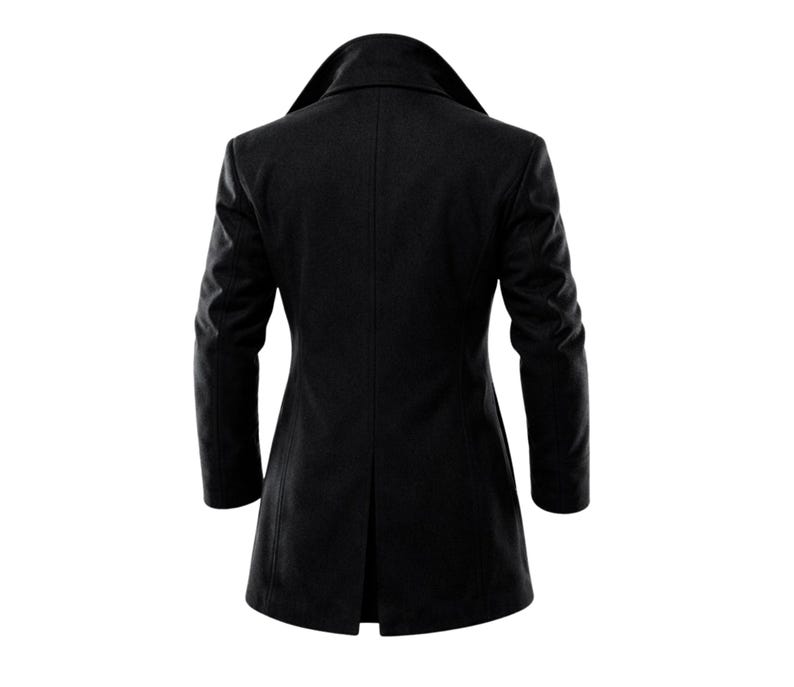 May include: A black wool coat with a classic design. The coat features a notched collar, long sleeves, and a single-breasted closure. The back of the coat has a vent at the bottom. The coat is a solid black colour.
