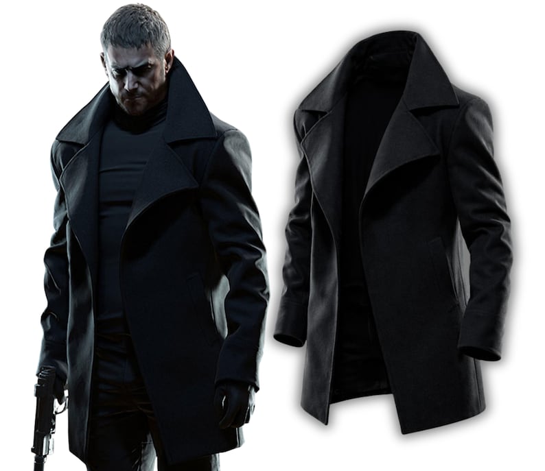May include: A black, long-sleeved coat with a wide lapel collar. The coat is shown on a person and also displayed on its own. The coat has a tailored fit and a classic design, suitable for various occasions.