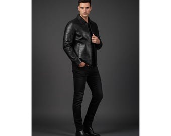 Men's Crocodile Embossed Leather Jacket, Black Textured Genuine Leather Biker Jacket, Slim Fit Handmade Leather Coat, Designer Style Jacket