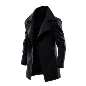 May include: A black coat with a wide lapel and a tailored fit. The coat has long sleeves and a mid-thigh length. The coat is made of a dark material. The coat is open at the front.