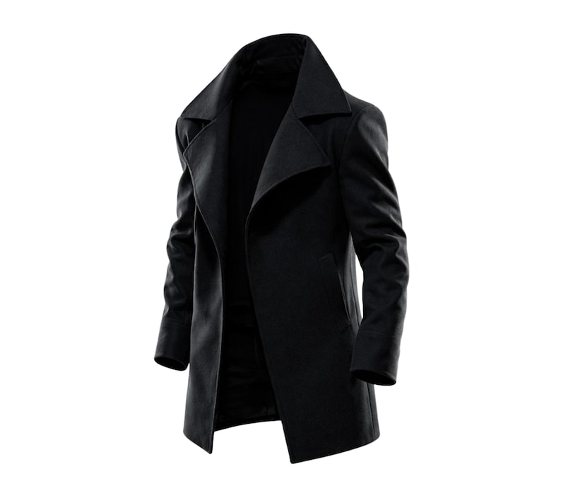 May include: A black coat with a wide lapel and a tailored fit. The coat has long sleeves and a mid-thigh length. The coat is made of a dark material. The coat is open at the front.