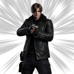 May include: A person in a black leather jacket with a fur collar, black pants, and gloves, holding a silver handgun. The background features white radial lines emanating from behind the person.