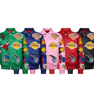 May include: Five colorful satin jackets with team logos and patches. The jackets are green, navy blue, pink, red, and black. Each jacket has a red lining and a button-up front. Patches include basketball team logos and the number 76.