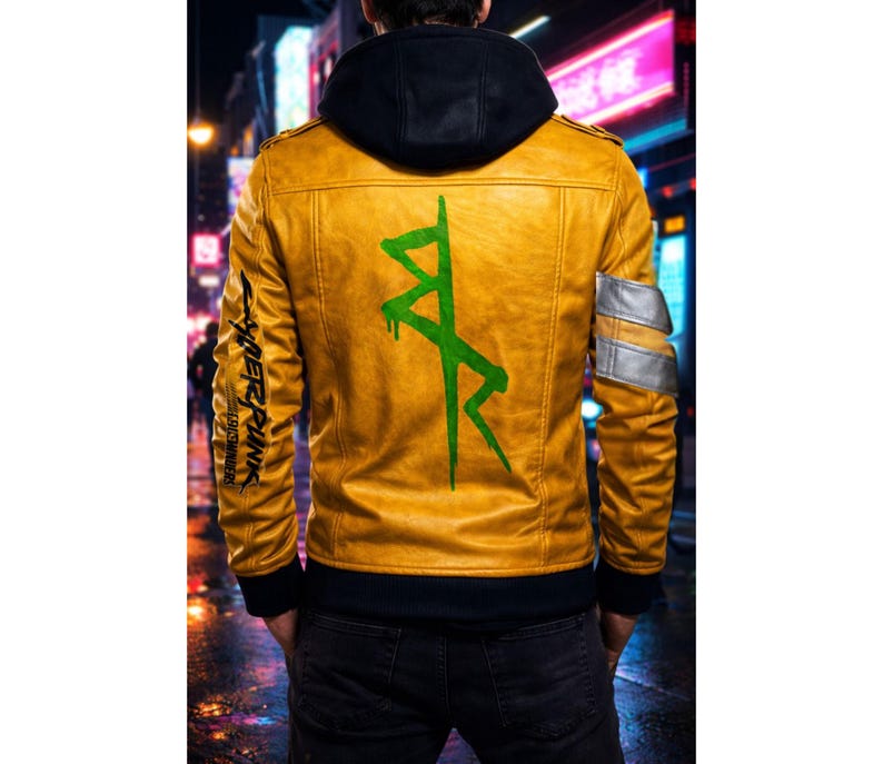 May include: Mustard yellow leather jacket with a black hood. The back features a large green graphic and the text "Cyberpunk Edgerunners" on the sleeve. The jacket has silver and gray accents on the upper arm.