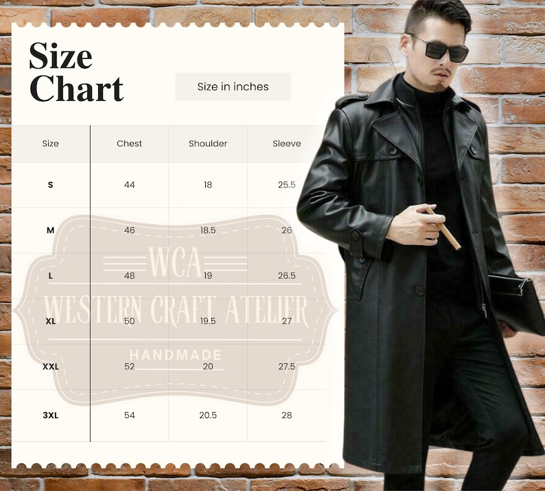 May include: A black leather trench coat with a size chart in inches. The chart includes chest, shoulder, and sleeve measurements for sizes S to 3XL. The coat is handmade by Western Craft Atelier.