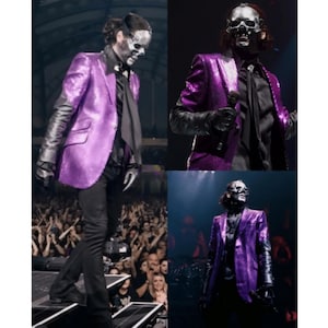 May include: A collage of images featuring a performer in a purple sequined blazer, black pants, and a skull mask. The performer is on stage, with a crowd in the background. The blazer has a shiny, textured appearance.