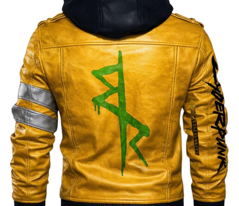 May include: Mustard yellow leather jacket with a black hood and a green graphic on the back. The jacket has silver accents on the sleeves and the word "CYBERPUNK" printed on the right sleeve.