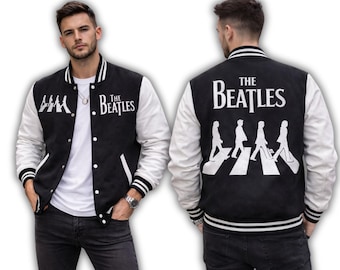 The Beatles Varsity Jacket – Direct Embroidery Retro Rock Wool Blend Bomber | Letterman Style Hand Made Customized Wool with Leather Sleeves