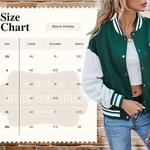 May include: Green and white varsity jacket with a button-up front, striped cuffs, and a collar. The image also includes a size chart with chest, shoulder, and sleeve measurements in inches. The jacket has a letter patch on the chest.