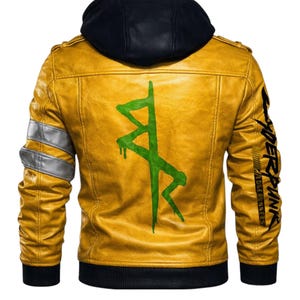 May include: A yellow leather jacket with a black hood and cuffs. The back features a large green graphic and the word "Cyberpunk" in black. Silver stripes accent the sleeves. A stylish, modern jacket.
