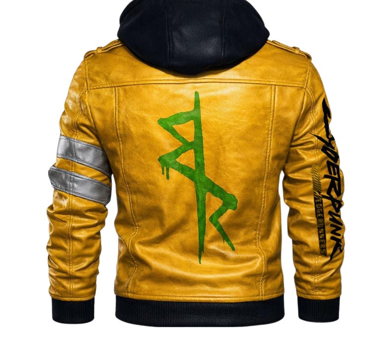 May include: A yellow leather jacket with a black hood and cuffs. The back features a large green graphic and the word "Cyberpunk" in black. Silver stripes accent the sleeves. A stylish, modern jacket.