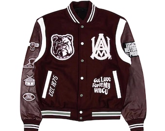 Alabama A&M University Motto 3.0 Varsity Jacket Hand Made Customized Wool Letterman with Leather Sleeves HBCU - All Sizes