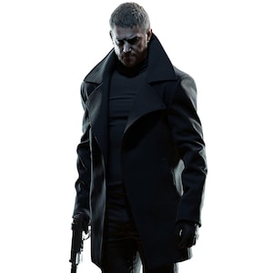 May include: A black trench coat with a wide collar and a black turtleneck. The coat is worn over a black outfit, and the person is holding a black handgun. The image is set against a white background.