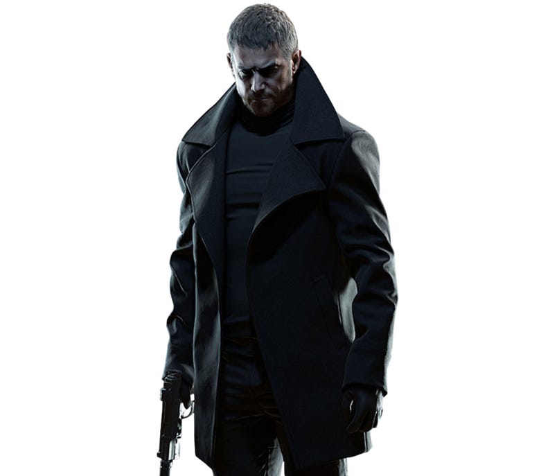 May include: A black trench coat with a wide collar and a black turtleneck. The coat is worn over a black outfit, and the person is holding a black handgun. The image is set against a white background.