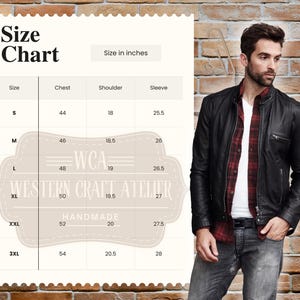 May include: A black leather jacket with a red plaid shirt underneath. The image also includes a size chart with measurements in inches for chest, shoulder, and sleeve sizes, and the text "WESTERN CRAFT ATELIER HANDMADE".
